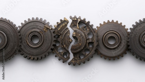 Close-up of broken gears with intricate details and metallic textures on a white background
