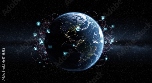 Earth Globe with Network Connections in Space Global Communication Concept.