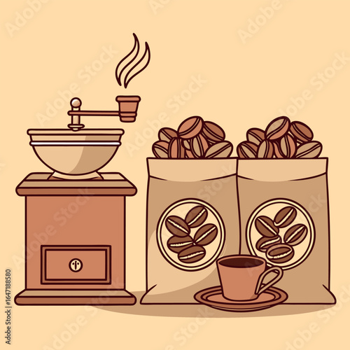 Vintage coffee grinder, bagged beans, and warm cup showcase charming traditional coffee preparation