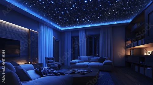 Modern living room with starry sky ceiling and blue ambient lighting