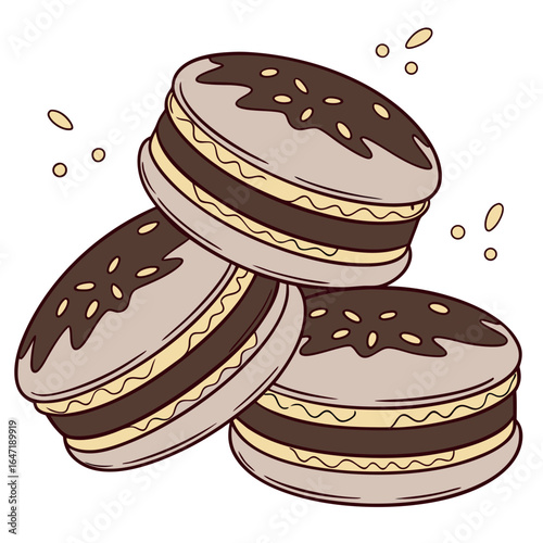Three stacked macarons are topped with dark chocolate and light sprinkles on a white background