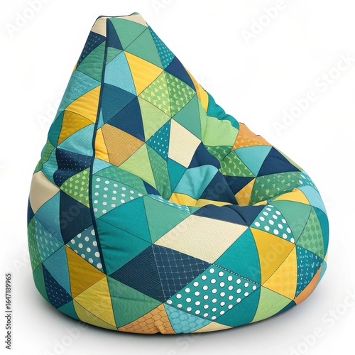 Colorful geometric patterned bean bag chair, playful and modern design for casual seating