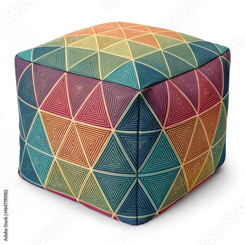 Colorful geometric patterned pouf with vivid design, modern and versatile accent piece
