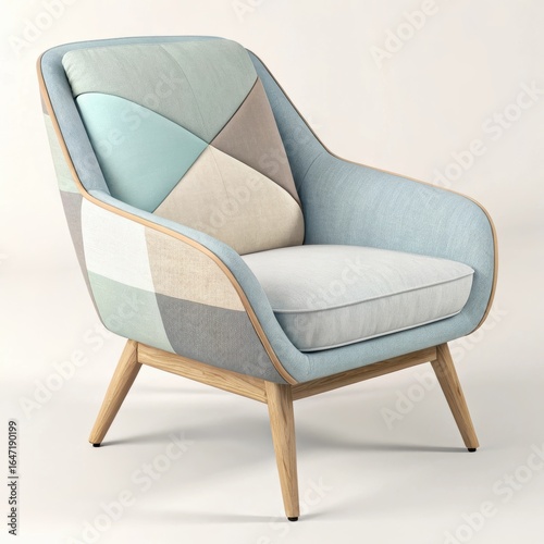 Elegant armchair with patchwork upholstery and wooden legs, modern and stylish design