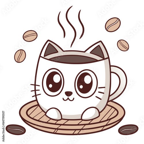 Adorable white cat shaped mug steams atop a woven coaster with scattered coffee beans