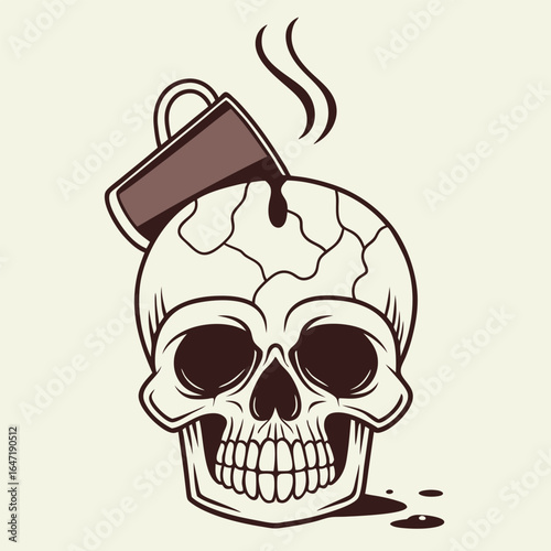 Coffee cup spills hot beverage onto a white skull creating a unique design