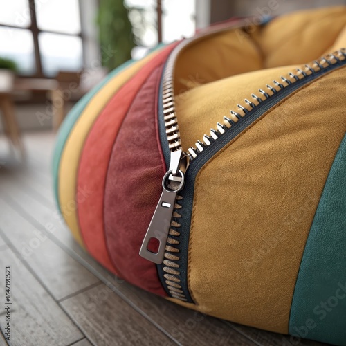 Close-up of a colorful bean bag chair with zipper detail, modern and playful design