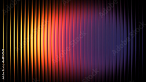 Vibrant glowing gradient lines passing through vertical textured ribbed glass. Dynamic and colorful visual pattern perfect for modern design, technology backgrounds, or creative advertising projects