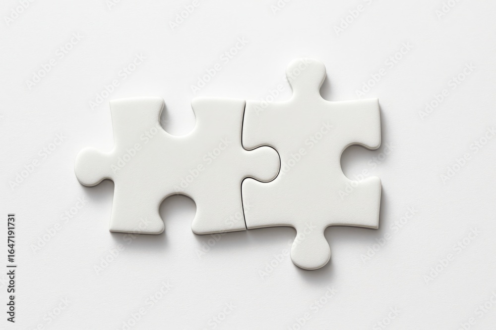 Two interlocking white puzzle pieces creating a connection on a clean white background Two interlocking white puzzle pieces creating a connection on a clean white background