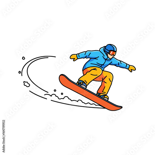 Dynamic Snowboarder Carving Turn, Bold Line Art Illustration
