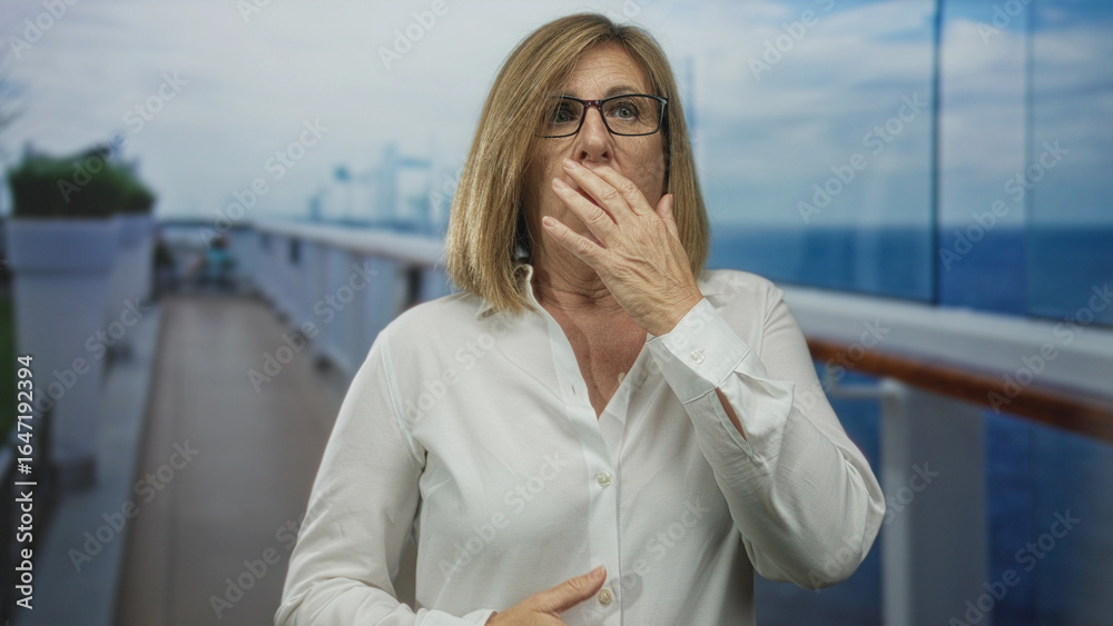 Fototapeta premium Middle aged woman wearing glasses clutching chest on sunlit cruise boat deck; heartattack pain shock.