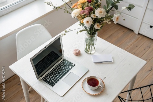 Scandinavian Minimal Desk with Flowers – Overhead view of white desk with laptop, fresh flowers in vase, and ceramic tea cup in soft natural light