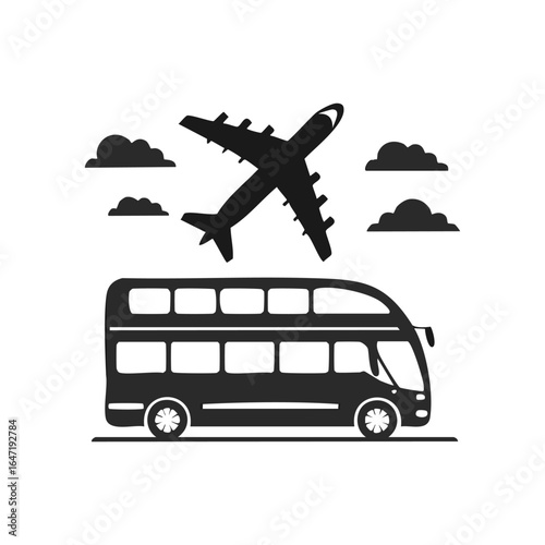 Double decker bus with airplane travel on transparent background