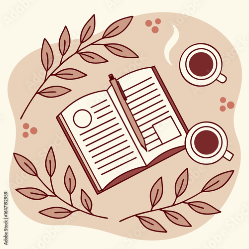 Neutral earth tones decorate open book with a pencil and two coffee cups illustration