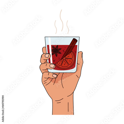 Hand Holding a Warm, Spiced Drink with Orange and Cinnamon
