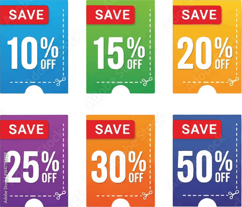Collection of colorful discount coupons with percentages off for sales and promotions isolated on transparent background