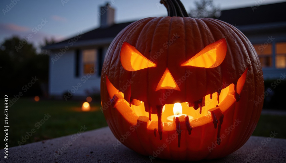 Fototapeta premium Carved pumpkin with glowing face on porch during Halloween evening 