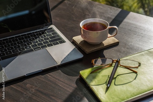 Afternoon Tea Office Time: Flat lay of a tea cup, laptop, reading glasses, and a notebook on a light background