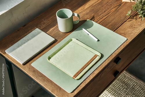 Wooden Desk with Monochrome Stationery: Overhead view of wooden desk, minimal stationery in neutral tones, coffee mug, clean and airy