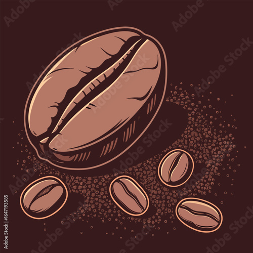 Artistic coffee bean layout portrays several smaller beans on a brown surface perfectly