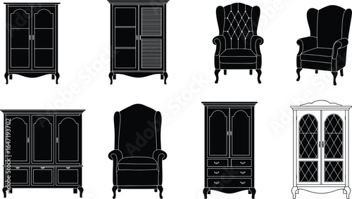 Vintage furniture silhouette set, antique cabinets and armchairs, classic home decor, retro storage designs, elegant seating, decorative interior illustration collection