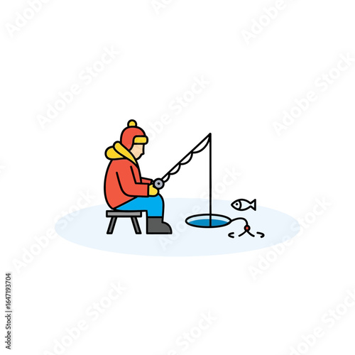 Winter Ice Fishing: A Cartoon Fisherman Patiently Waits