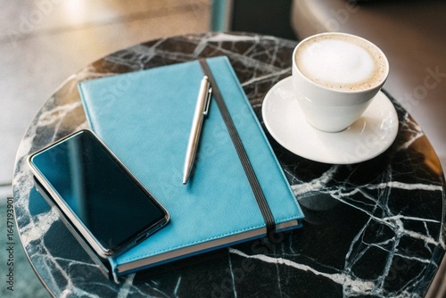 Work Moment with Coffee and Phone: Flat lay of a smartphone, notebook, pen, and a cup of cappuccino on a marble table