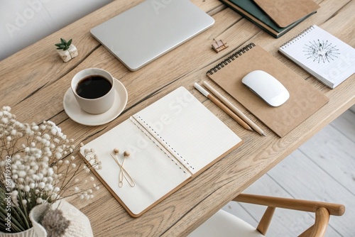 Wooden Desk with Monochrome Stationery: Overhead view of wooden desk, minimal stationery in neutral tones, coffee mug, clean and airy