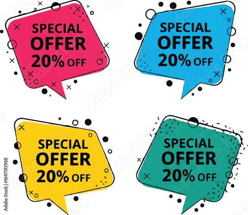Four colorful speech bubble sale tags with special offer 20 percent off text isolated on transparent background