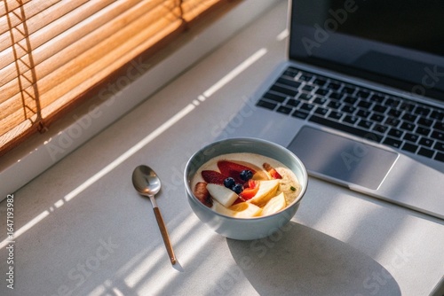 Fruit Yogurt Breakfast on White Desk – Flat lay of fruit yogurt bowl, spoon, and laptop in soft daylight with minimalist negative space