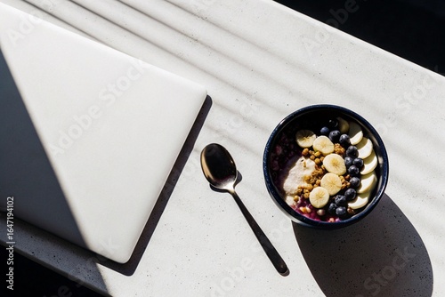 Fruit Yogurt Breakfast on White Desk – Flat lay of fruit yogurt bowl, spoon, and laptop in soft daylight with minimalist negative space