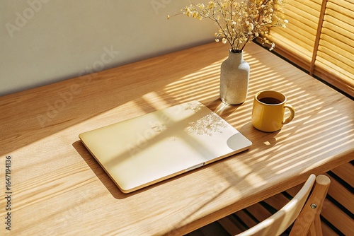 Scandinavian Minimal Desk with Flowers – Overhead view of white desk with laptop, fresh flowers in vase, and ceramic tea cup in soft natural light