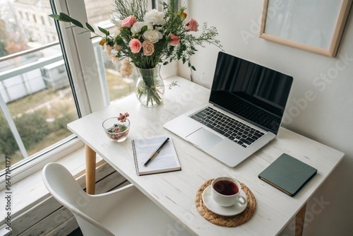 Scandinavian Minimal Desk with Flowers – Overhead view of white desk with laptop, fresh flowers in vase, and ceramic tea cup in soft natural light
