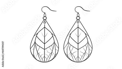 Elegant leaf design earrings, detailed line art showcasing natural beauty and style