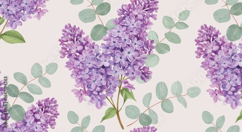 Watercolor Lilac and Eucalyptus Pattern on Pink Background.