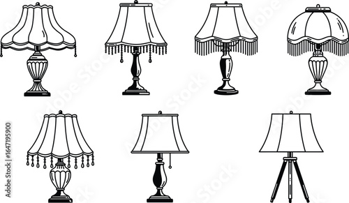 Vintage table lamp collection, antique lighting illustration, hand drawn line art, classic lampshades, retro home decor, decorative bedside reading lamps