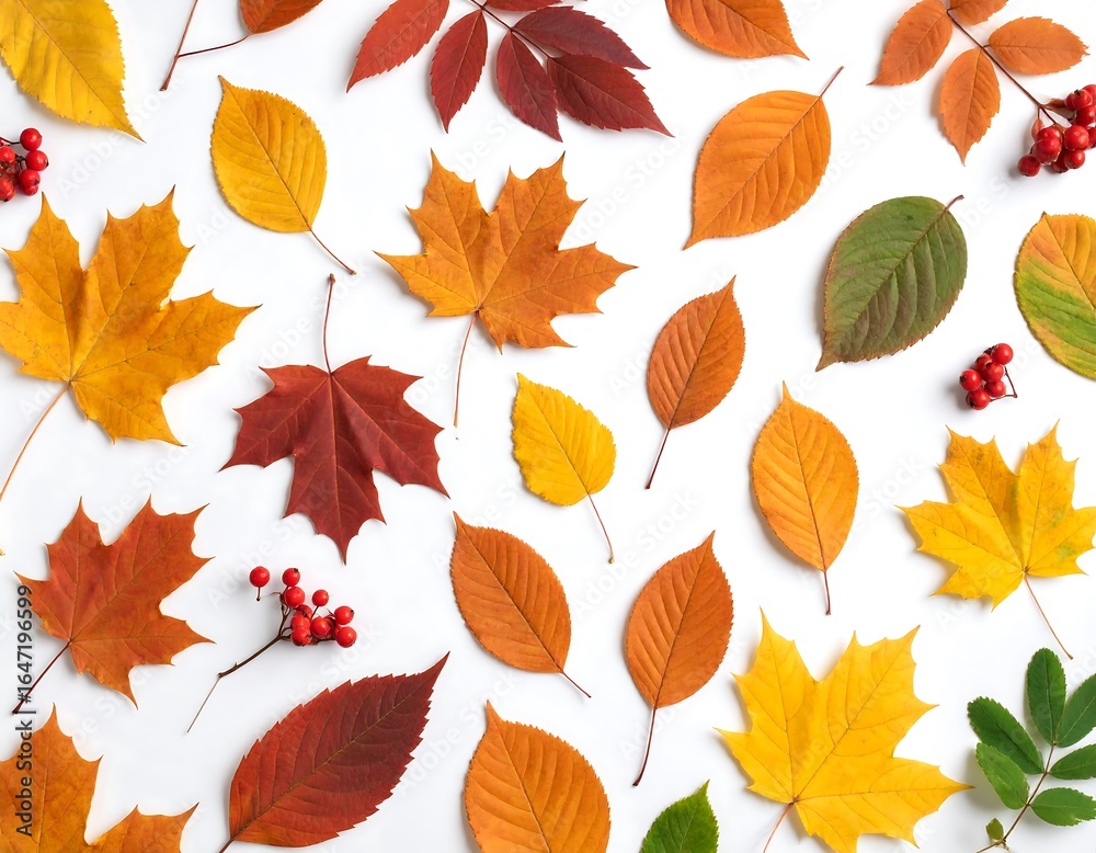 Obraz premium Autumn leaves arranged on a white background