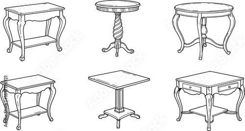 Vintage wooden table collection, antique furniture illustration, hand drawn line art, classic coffee tables, retro side tables, decorative interior design artwork