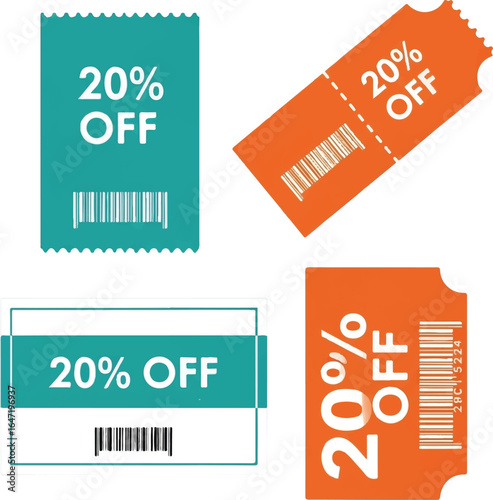 Collection of four colorful discount coupons with 20 percent off text and barcodes isolated on transparent background