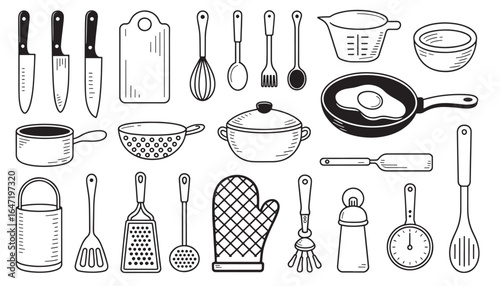 Hand-drawn collection of kitchen utensils and cooking tools in a black and white doodle style.
