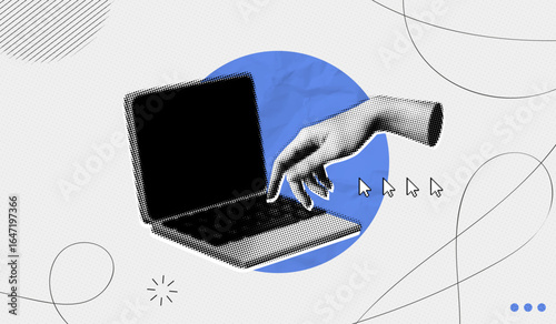 Trendy Halftone Collage Hand reaches for button on computer laptop. Type message. Online job and communication. Freelancers conference. Contemporary vector illustration art