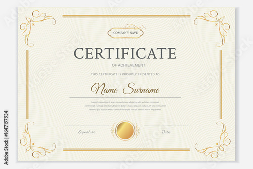 Elegant certificate template with gold accents. Customizable vector for awards and diplomas.