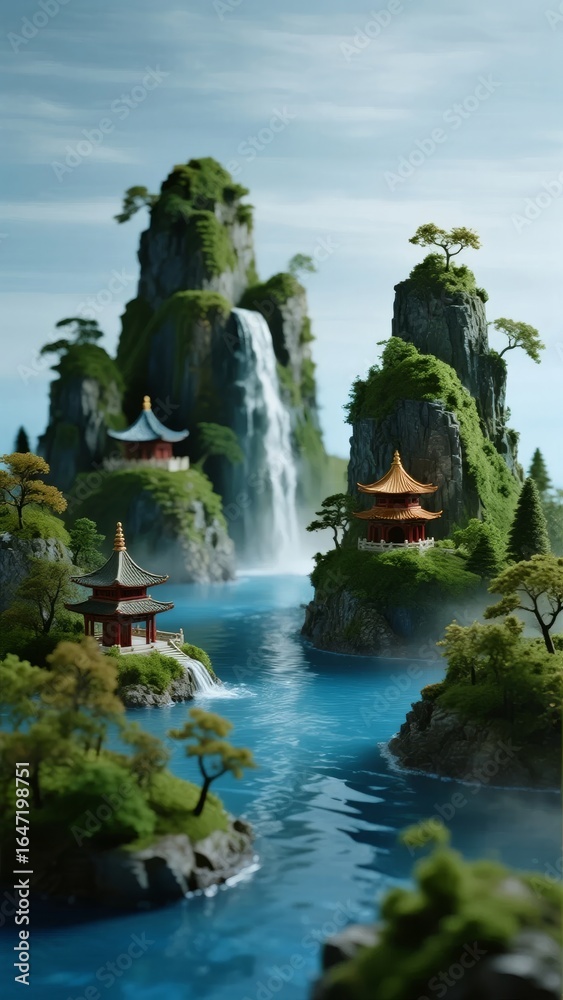 Fototapeta premium Serene Asian-inspired landscape featuring traditional pagodas nestled among lush greenery and cascading waterfalls.