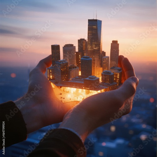 Hands cradling a miniature cityscape at sunset, symbolizing urban care and development.