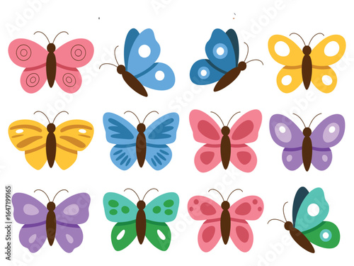 Set of cute and vibrant cartoon butterflies in an array of different colors and designs