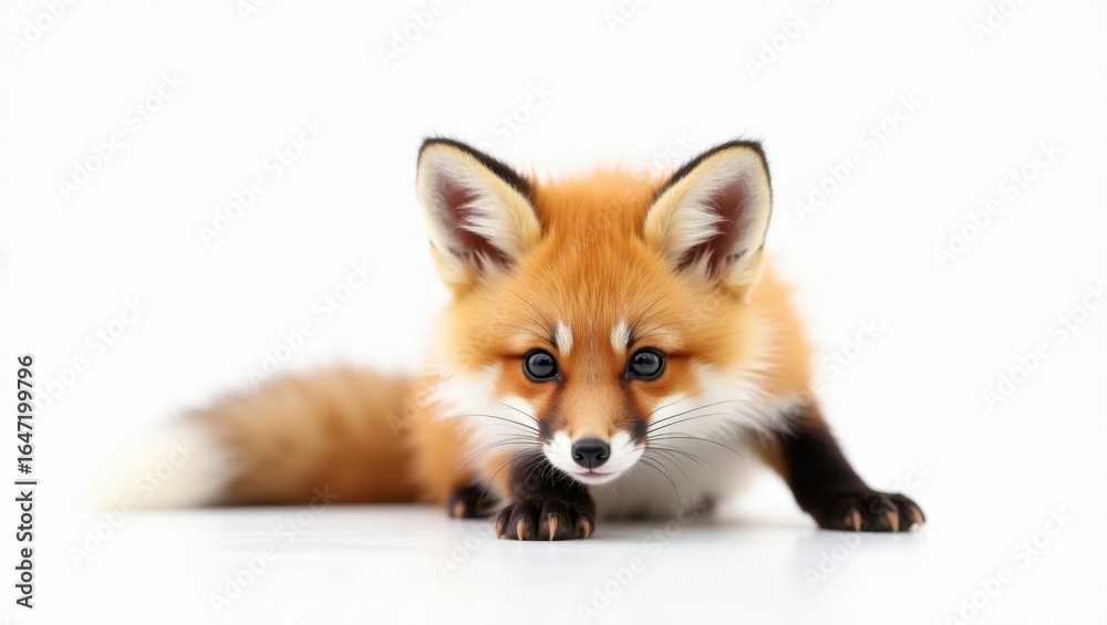 Fototapeta premium Zorro cachorro con orejas puntiagudas, cola esponjosa y ojos brillantes y alertas que brillan como piedras oscuras pulidas aisladas sobre fondo blanco