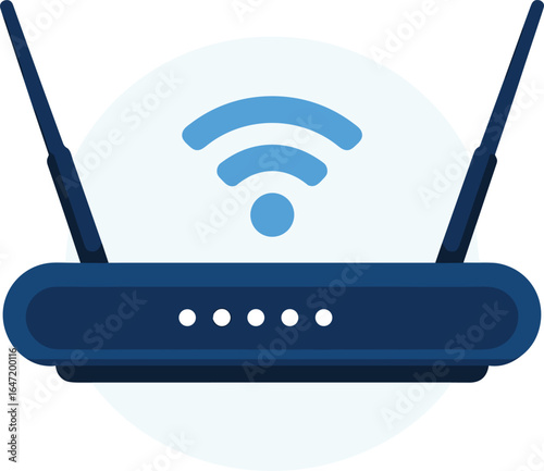 WiFi router device, wireless internet connection, home network equipment, signal transmission, digital communication, high speed broadband, flat design, modern technology vector illustration