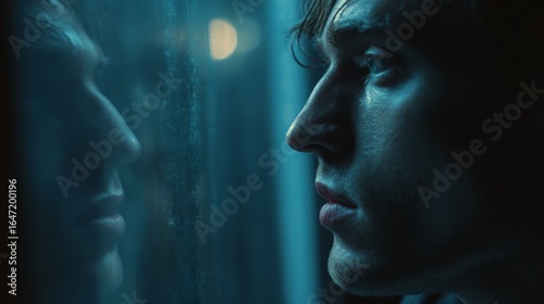 Pensive young caucasian male looking through window at night.