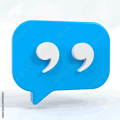 Stylized 3D graphic of a blue conversation bubble with large white quote marks, representing dynamic message exchange and textual statements.