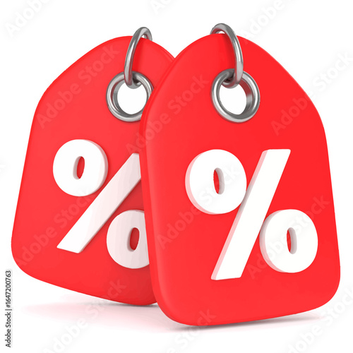 Vibrant red tags with prominent percentage symbols, signaling attractive discounts and special offers for savvy shoppers and consumers.